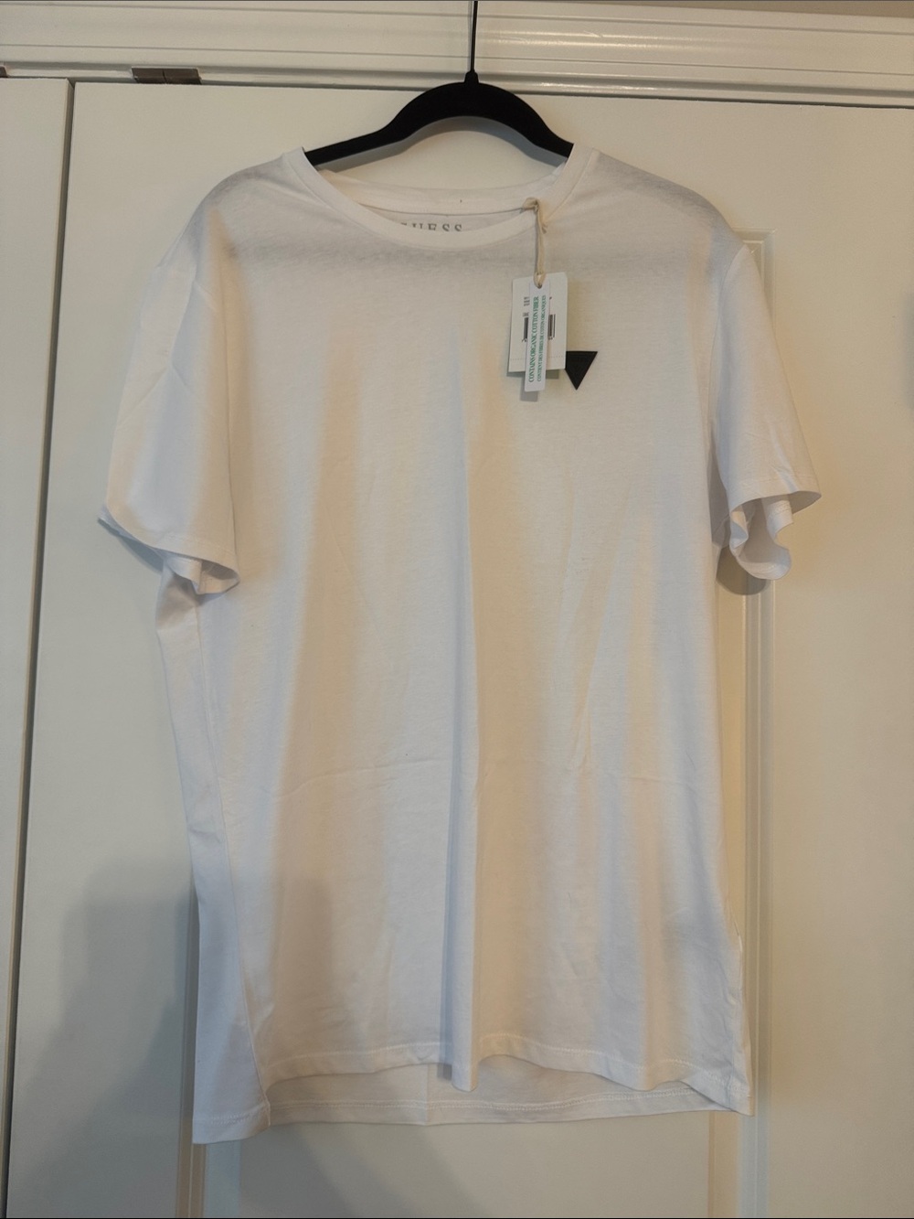Guess White Short Sleeve Tee with Small Black Triangle Logo